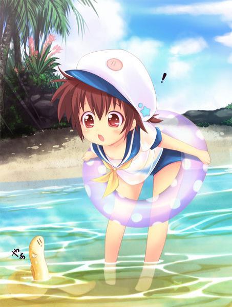 1boy, bad_id, beach, brown_hair, eel, hat, innertube, jpeg_artifacts