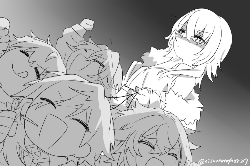 1girl, 4boys, :d, :q, ^_^, bare_shoulders, black_background, ceo_kazari
