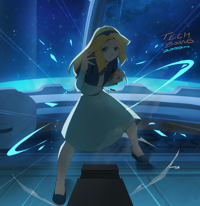 1girl, absurdres, blonde_hair, blue_dress, blue_eyes, blue_footwear, blue_hairband, blue_jacket, commission, dress, english_commentary, english_text, fighting_stance, hairband, highres, jacket, long_hair, long_sleeves, looking_at_viewer, maria_robotnik, socks, sonic_(series), swiftatk777, white_socks