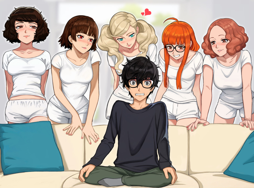 absurdres, amamiya_ren, bent_over, black_eyes, black_hair, blonde_hair, breasts, brown_hair