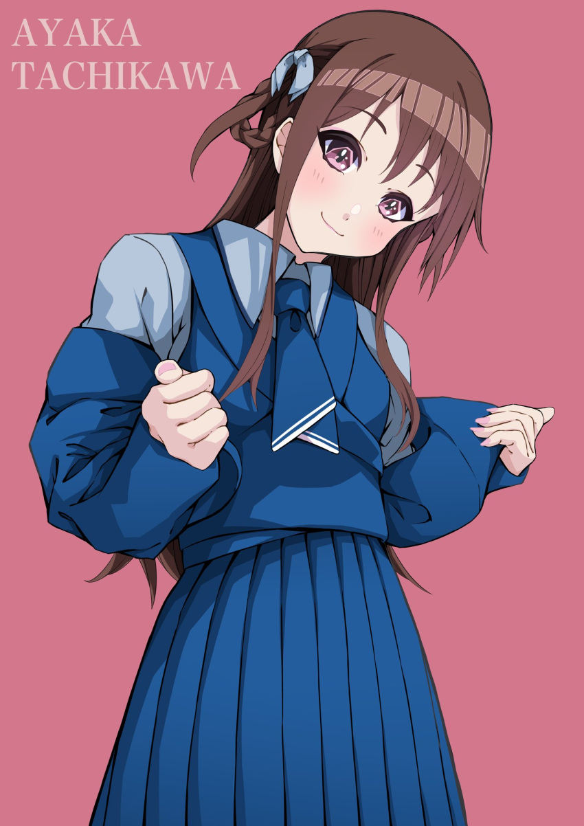 1girl, 22/7, blue_dress, blue_necktie, blush, bow, braid, braided_hair_rings, brown_eyes, brown_hair, character_name, closed_mouth, cowboy_shot, dress, hair_bow, hair_rings, highres, jacket, lionmaru0808, long_hair, long_sleeves, looking_at_viewer, necktie, open_clothes, open_jacket, original, pink_background, pleated_dress, sidelocks, simple_background, smile, solo, standing, tachikawa_ayaka, twin_braids, two_side_up, white_bow