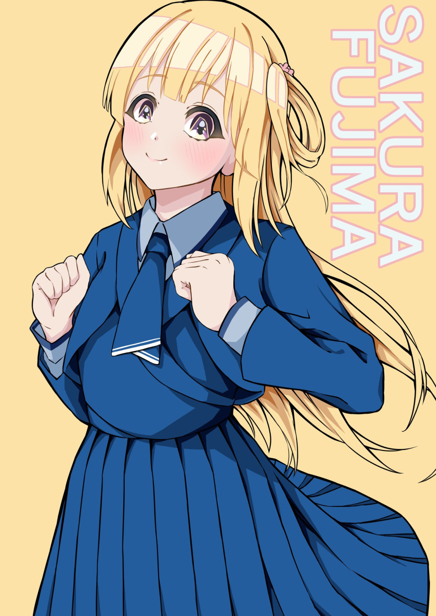 1girl, 22/7, blonde_hair, blue_dress, blue_necktie, blush, character_name, clenched_hands