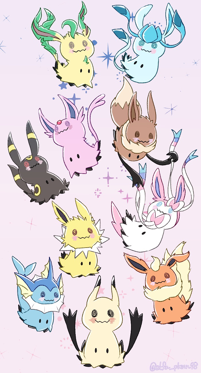 black_eyes, blue_eyes, brown_eyes, commentary, eevee, espeon, flareon, full_body, glaceon, highres, jolteon, leafeon, mimikyu, no_humans, pink_background, pokemon, pokemon_(creature), red_eyes, smile, star_(symbol), sylveon, tail, twitter_username, umbreon, vaporeon, wecz7555