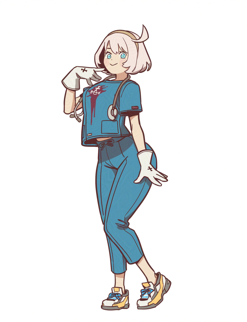 1girl, absurdres, blue_eyes, blue_pants, blue_shirt, cosplay, doctor, elphelt_valentine