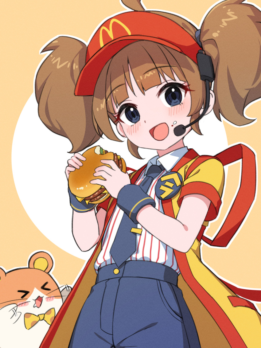 1girl, ahoge, back_bow, badge, black_eyes, black_necktie, black_shorts, blue_eyes, bow, brown_hair, burger, button_badge, employee_uniform, fast_food_uniform, food, food_on_face, happi, hat, headset, highres, holding, holding_burger, holding_food, imadake_dabuchi_tabemi, japanese_clothes, kapa_draws, looking_at_viewer, mcdonald's, microphone, necktie, open_mouth, red_hat, shirt, shirt_tucked_in, short_hair, short_sleeves, shorts, solo, striped_clothes, striped_shirt, tasuki, tie_clip, twintails, vertical-striped_clothes, vertical-striped_shirt, visor_cap, white_shirt, wristband, yellow_happi