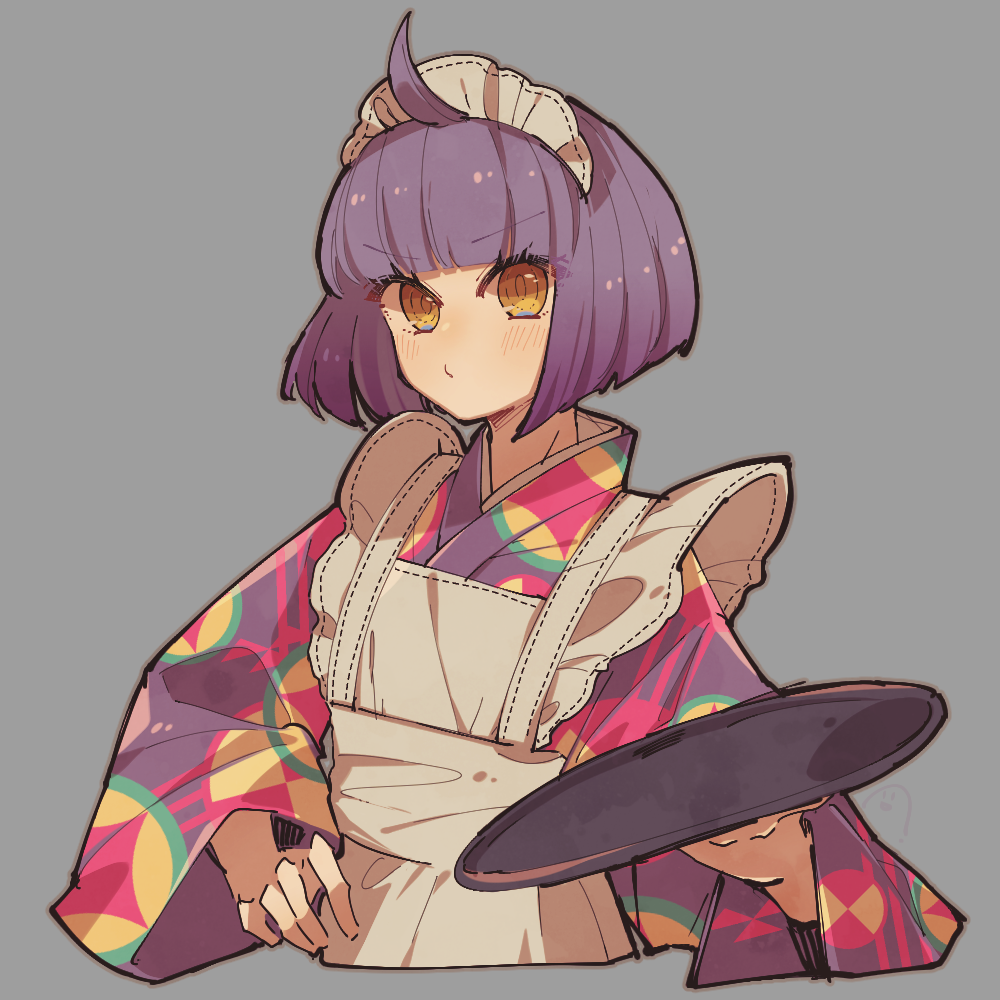 1girl, ahoge, apron, blunt_bangs, commentary_request, cropped_torso, grey_background, hand_on_own_hip