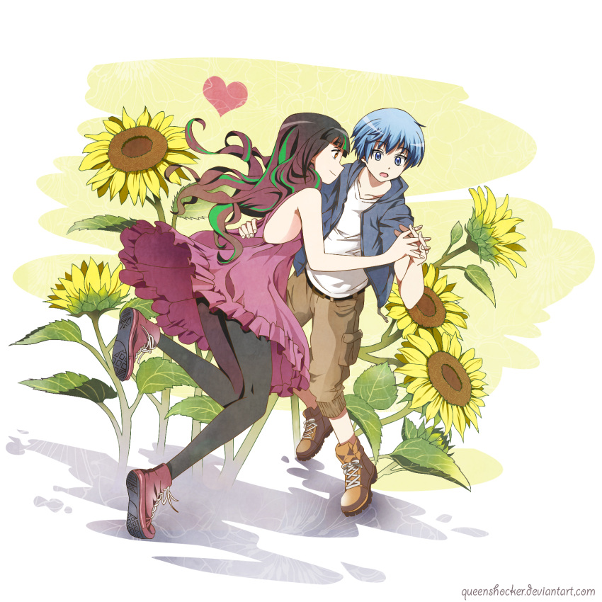 1boy, 1girl, ansatsu_kyoushitsu, bare_shoulders, black_hair, black_pantyhose, blue_eyes, blue_hair, blue_hoodie, brown_footwear, brown_pants, deviantart_username, dress, flower, full_body, green_hair, hand_on_another's_back, heart, highres, holding_hands, hood, hoodie, interlocked_fingers, kayano_kaede, long_hair, looking_at_another, multicolored_hair, open_clothes, open_hoodie, pants, pantyhose, purple_dress, purple_footwear, queenshocker, red_eyes, shiota_nagisa, shirt, short_hair, sunflower, two-tone_hair, white_shirt, yukimura_akari