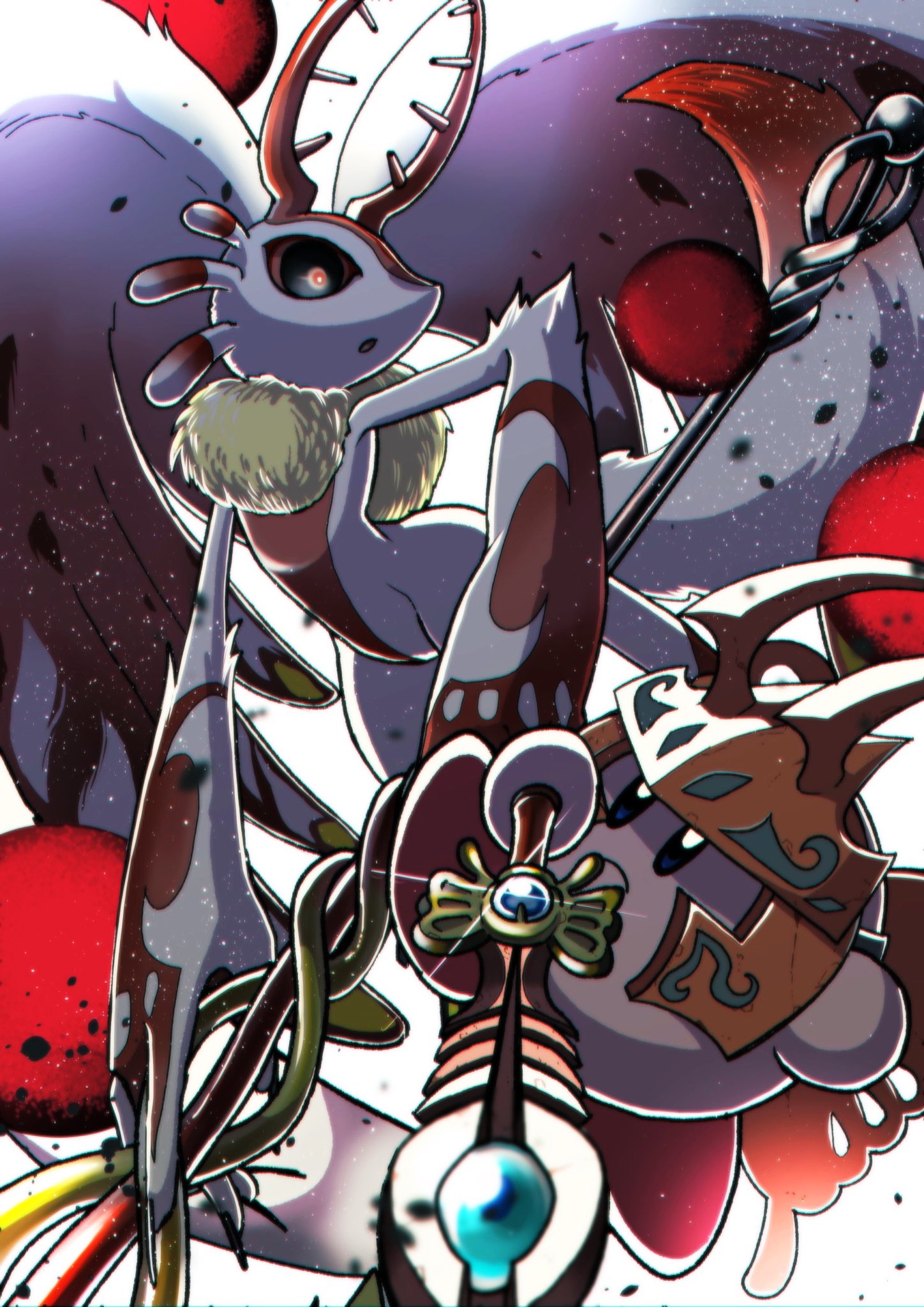 battle, black_sclera, bright_pupils, butterfly_wings, closed_mouth, colored_sclera, colored_skin, commentary