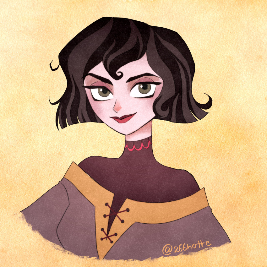 1girl, 266notre, absurdres, artist_name, black_hair, breasts, brown_shirt, cassandra_(tangled)