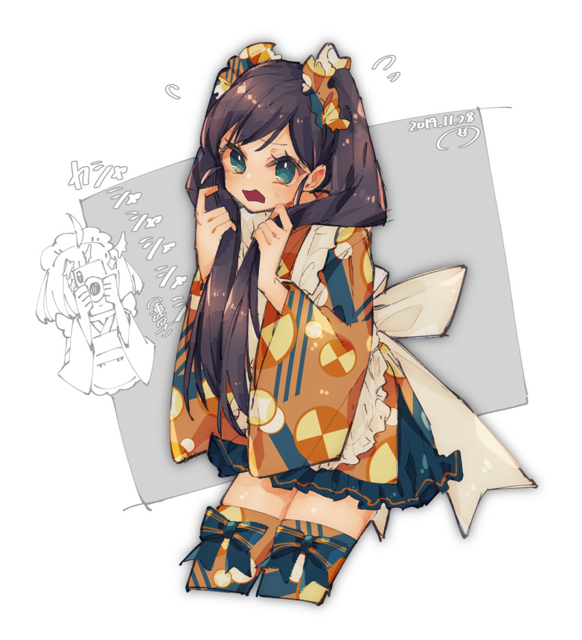 2girls, ahoge, alternate_hairstyle, apron, black_hair, blue_eyes, camera, commentary_request