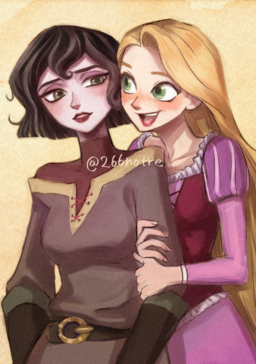 266notre, 2girls, absurdres, arm_hug, belt, black_hair, blonde_hair, breasts