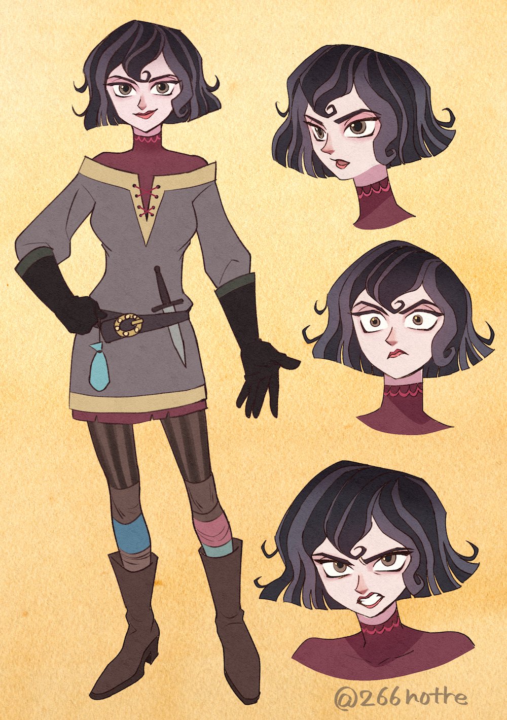 1girl, 266notre, artist_name, belt, black_hair, boots, breasts, brown_shirt