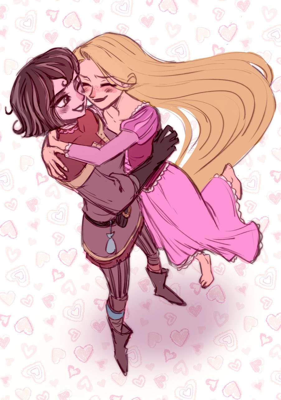 266notre, 2girls, belt, black_hair, blonde_hair, blush, boots, breasts, brown_shirt, cassandra_(tangled), closed_eyes, dress, from_above, full_body, gloves, grin, hair_between_eyes, heart, highres, hug, long_hair, looking_at_another, medium_breasts, multiple_girls, no_shoes, off-shoulder_shirt, off_shoulder, one_eye_closed, pants, pink_dress, rapunzel_(disney), red_lips, red_shirt, shirt, shirt_under_shirt, short_hair, smile, standing, striped_clothes, striped_pants, tangled, tangled:_the_series, teeth, turtleneck, vertical-striped_clothes, vertical-striped_pants, very_long_hair, yuri