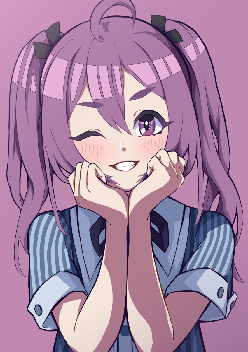 1girl, 22/7, ahoge, black_bow, blush, bow, dress, grin