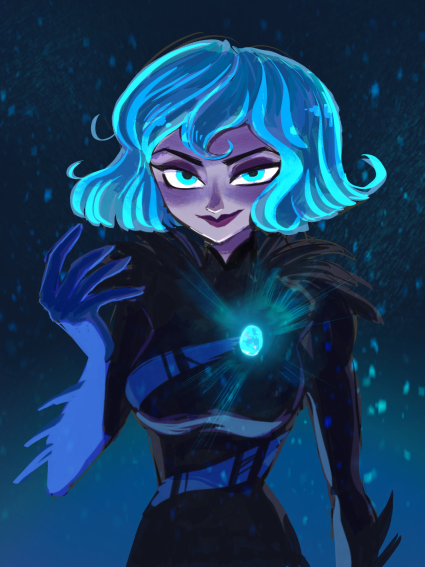 1girl, 266notre, absurdres, black_bodysuit, blue_eyes, blue_gemstone, blue_gloves, blue_hair