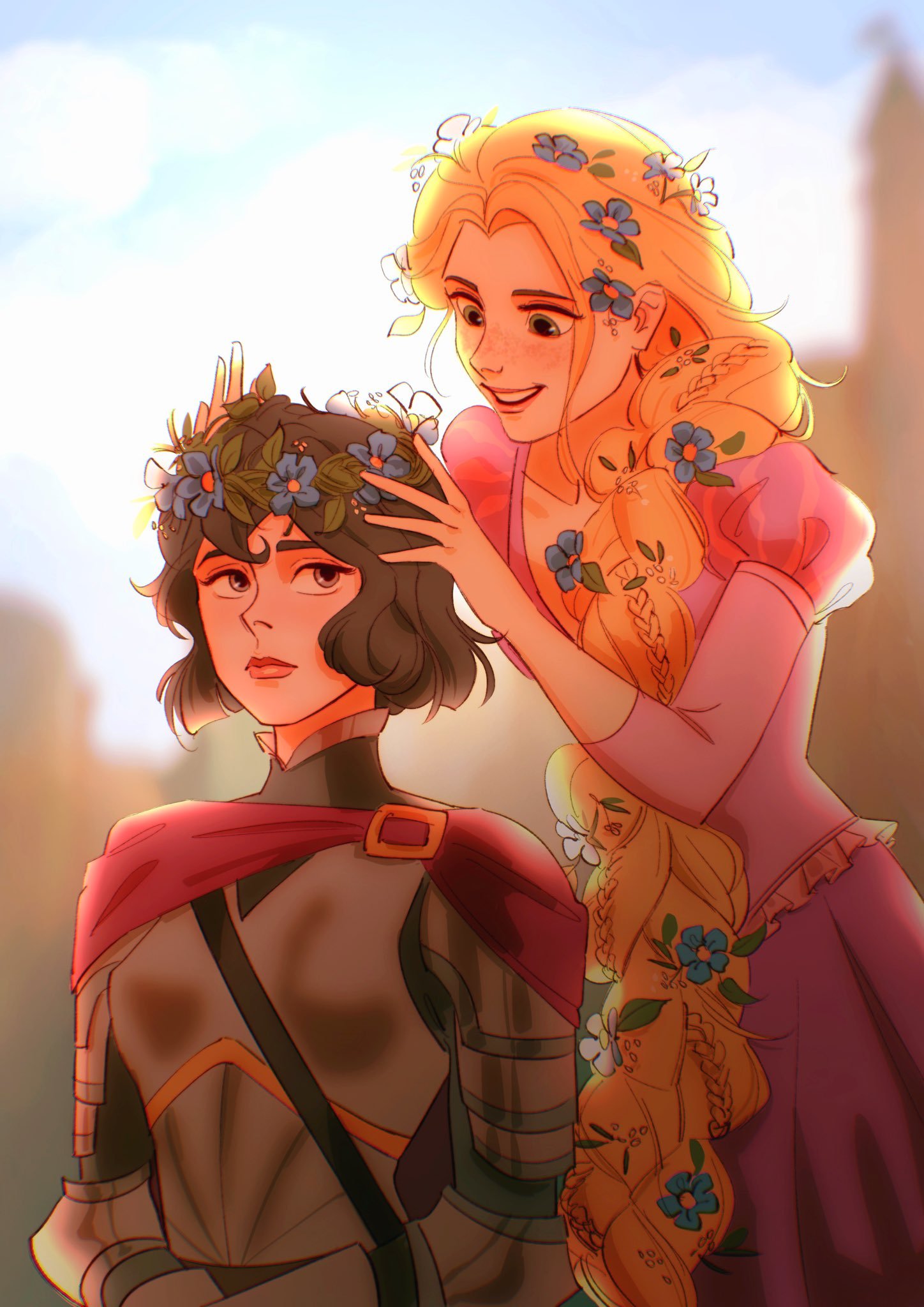2girls, armor, black_hair, blonde_hair, blurry, blurry_background, breasts, cape
