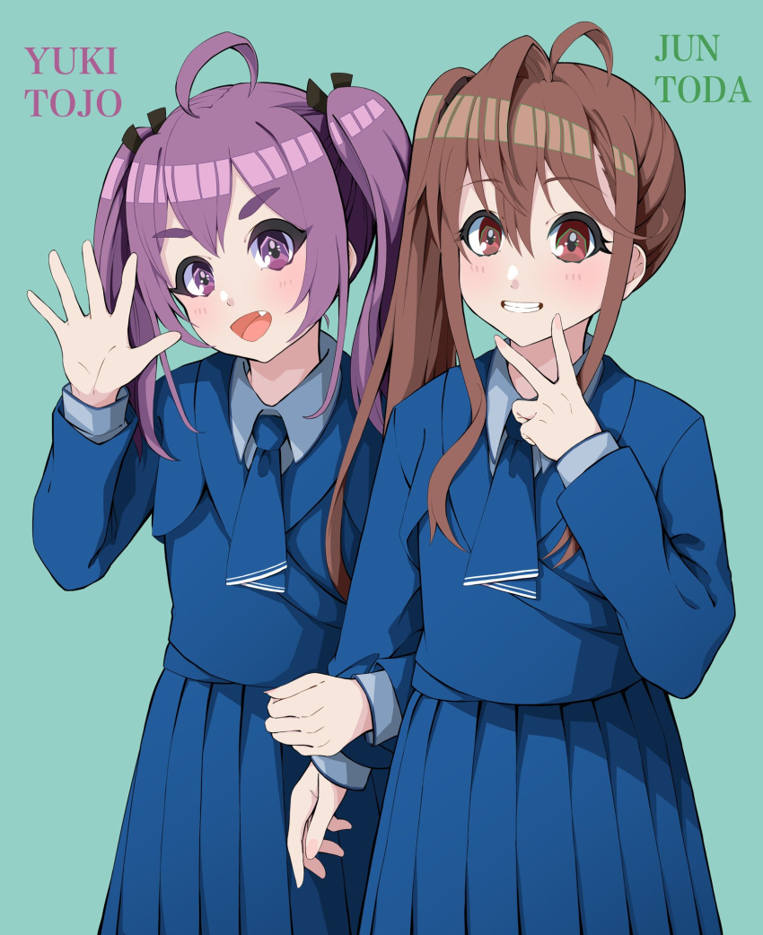 22/7, 2girls, :d, ahoge, arm_hug, black_bow, black_scrunchie, blue_dress