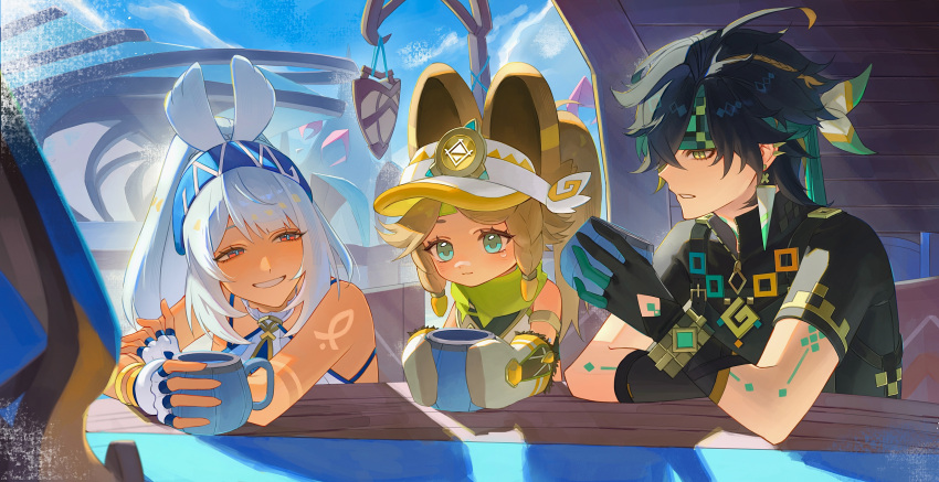 1boy, 2girls, :3, absurdres, animal_ears, antenna_hair, aqua_gloves, aqua_hair