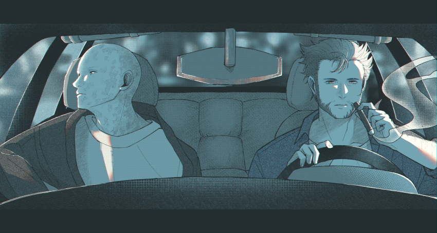 2boys, animification, bald, beard, car_interior, cigar, commentary_request, deadpool