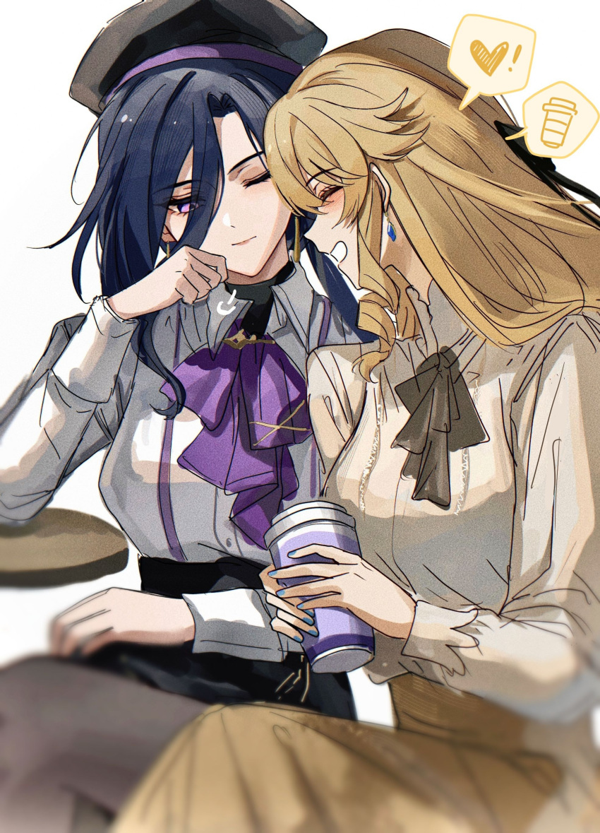 2girls, absurdres, ascot, beret, black_hat, black_skirt, blonde_hair, blue_hair, blue_nails, bow, brown_ascot, chinese_commentary, clorinde_(genshin_impact), clorinde_(luckin_coffee)_(genshin_impact), closed_eyes, closed_mouth, collared_shirt, commentary_request, crossed_legs, cup, dark_blue_hair, disposable_coffee_cup, disposable_cup, dress_shirt, drill_hair, drill_sidelocks, earrings, genshin_impact, grin, hair_bow, hat, heart, high-waist_skirt, highres, holding, holding_cup, jewelry, long_hair, looking_at_another, mandarin_collar, multiple_girls, nail_polish, navia_(genshin_impact), one_eye_closed, pantyhose, pencil_skirt, purple_ascot, shirt, sidelocks, sitting, skirt, smile, table, violet_eyes, white_background, white_shirt, yellow_skirt, yuri, zuo_daoxing