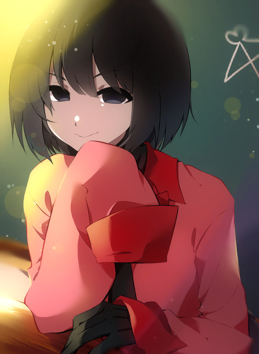 1girl, absurdres, ai_ai_gasa, black_eyes, black_gloves, black_hair, black_necktie, blurry