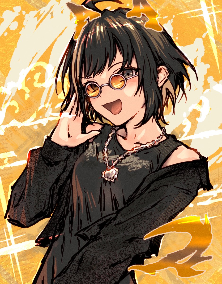 1girl, :d, abstract_background, ahoge, azai_eimi, black_hair, black_jacket, black_tank_top
