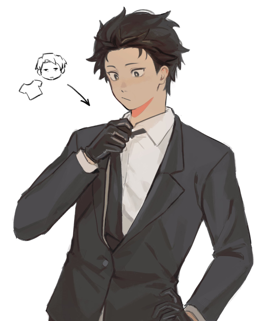 1boy, bad_link, black_gloves, black_hair, black_necktie, brown_eyes, collared_shirt, cosplay