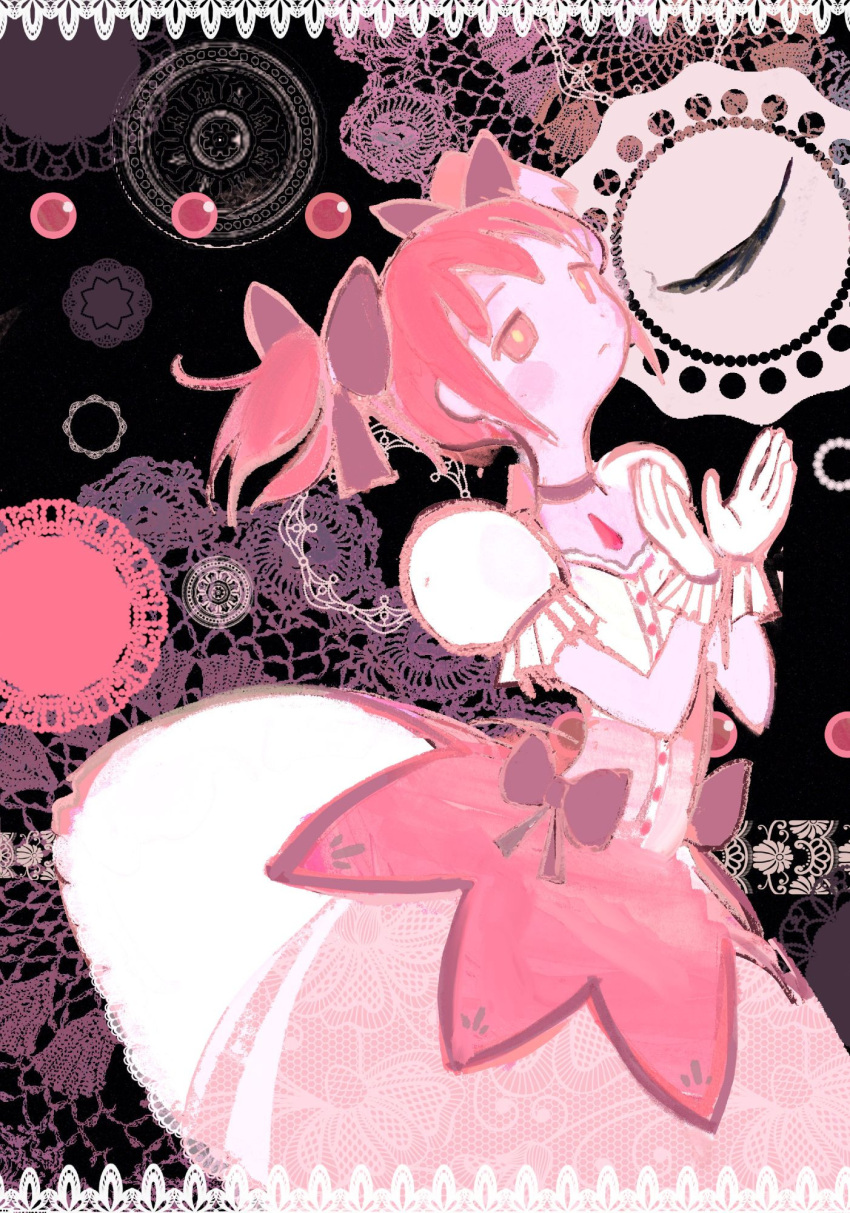 1girl, bigskycastle, bow, feather, kaname_madoka, magical_girl, mahou_shoujo_madoka_magica, pink_dress