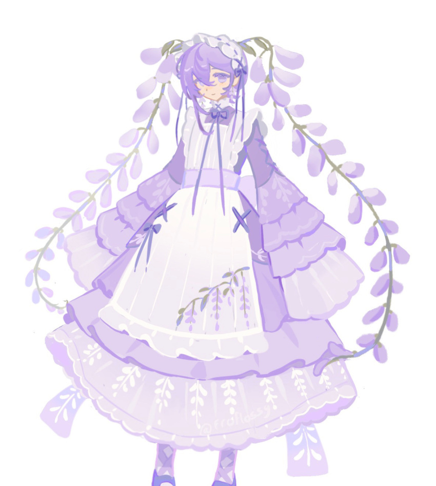 1girl, flower, froflossy, hatsune_miku, long_sleeves, oversized_sleeves, purple_dress, purple_flower