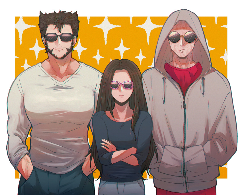 1girl, 2boys, beard, brown_hair, closed_mouth, commentary_request, crossed_arms, deadpool