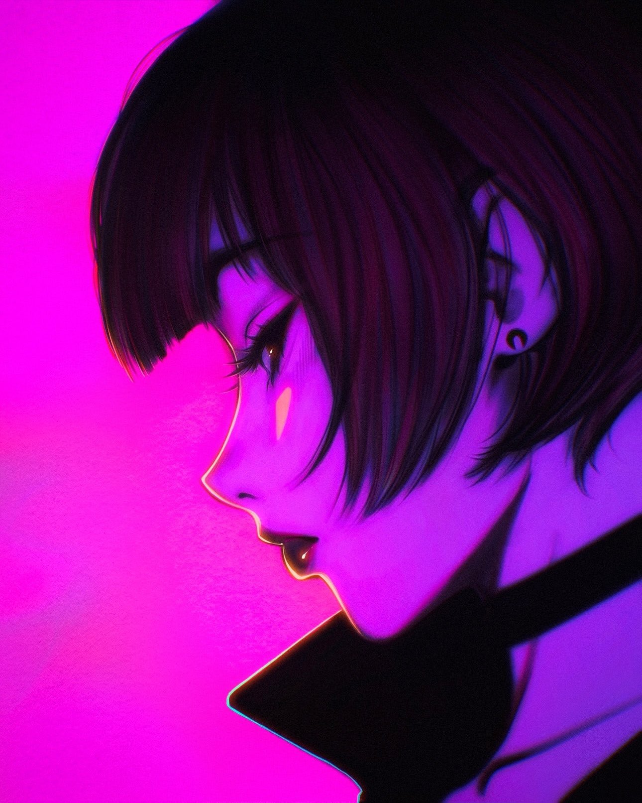 1girl, black_choker, blunt_bangs, blush, bob_cut, brown_eyes, choker, close-up, closed_mouth, collarbone, earrings, eyelashes, film_grain, from_side, highres, ilya_kuvshinov, jewelry, lipstick, looking_at_viewer, loose_hair_strand, makeup, nose, original, pink_background, pink_theme, popped_collar, profile, purple_theme, red_lips, redhead, short_hair, side-eyed, solo, stud_earrings