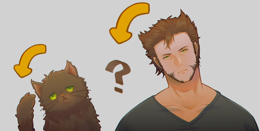 1boy, ?, animalization, animification, beard, brown_cat, brown_hair, cat