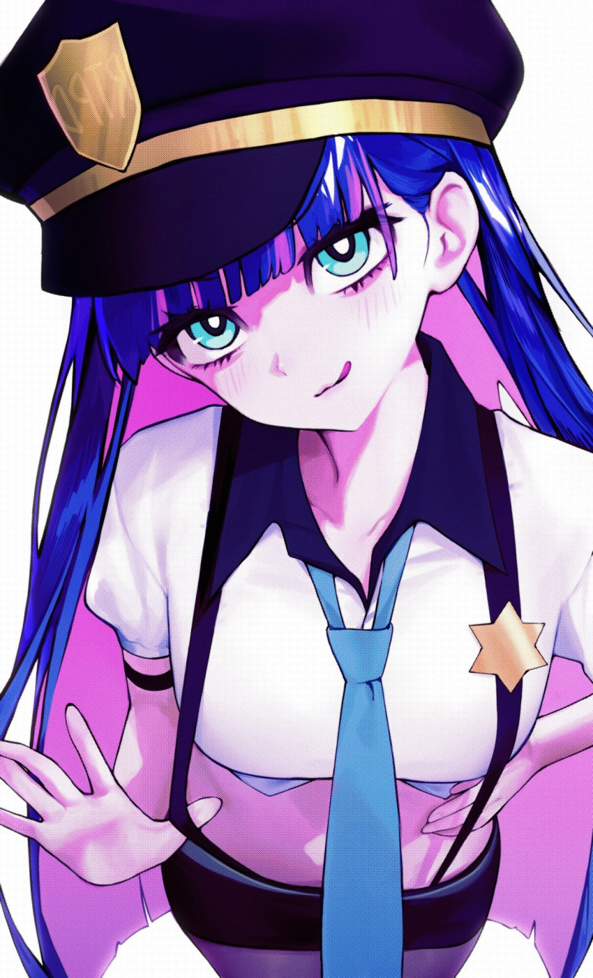 1girl, badge, bangs, blue_eyes, blue_tie, multicolored_hair, necktie, panty_&amp;_stocking_with_garterbelt