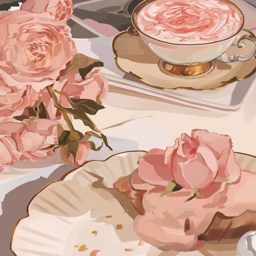 breakfast, commentary, croissant, cup, drink, english_commentary, flower, food, food_focus, gold_trim, highres, leaf, mumechi, no_humans, original, pink_flower, pink_rose, plant, rose, saucer, tablecloth, tea, teacup, tray