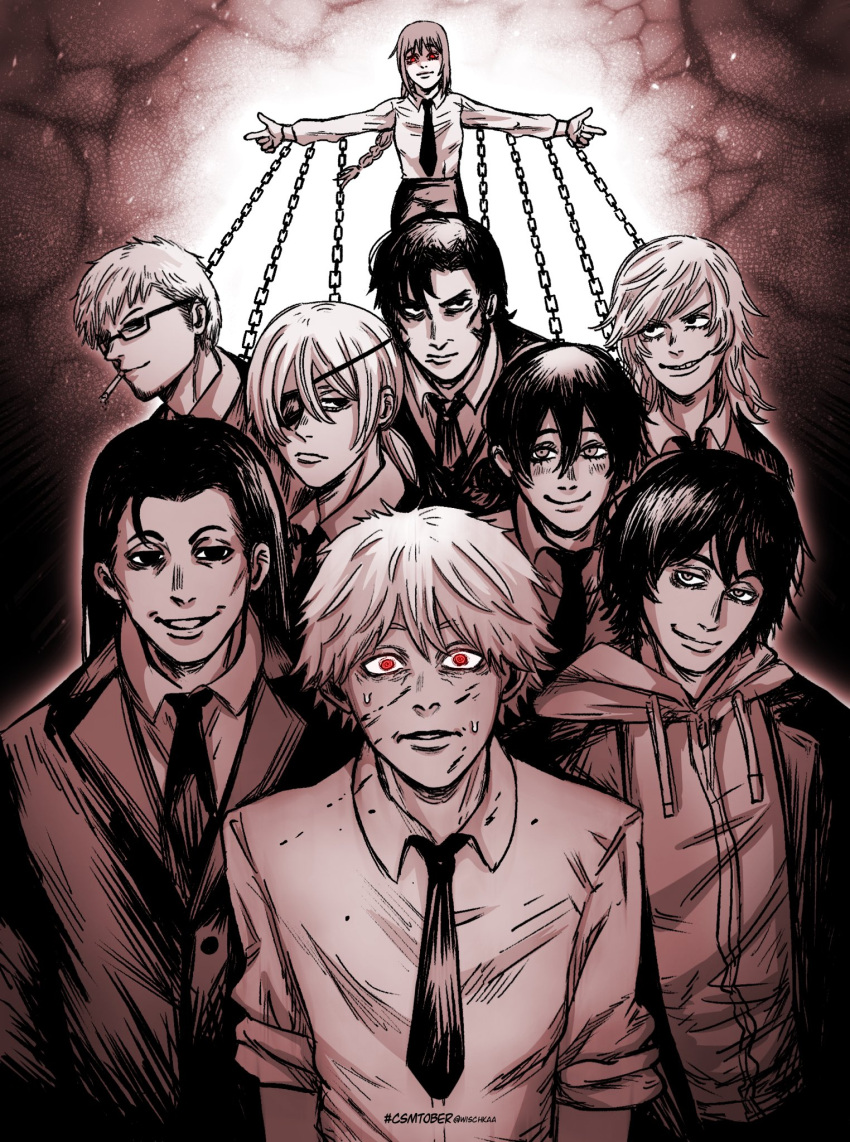 4girls, 5boys, barem_bridge, blood, blood_on_clothes, blood_on_face, braid, braided_ponytail