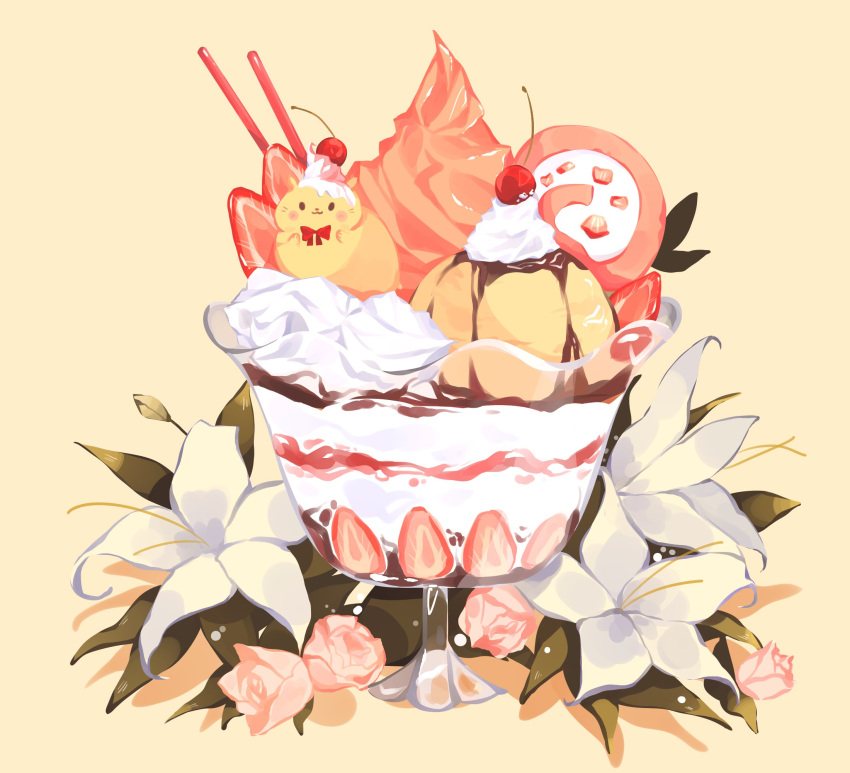 animal-themed_food, bow, bowtie, cherry, chocolate_syrup, commentary, dessert, english_commentary