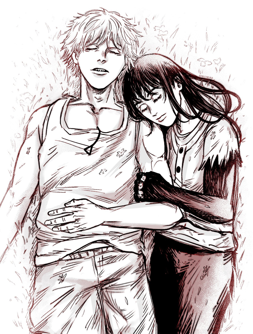 1boy, 1girl, arm_hug, chainsaw_man, commentary, denji_(chainsaw_man), grass, greyscale