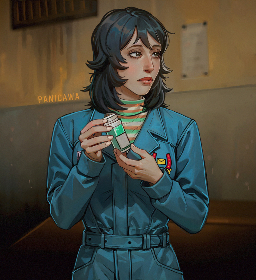 1girl, adelheid_(moschiola), anya_(mouthwashing), artist_name, black_hair, blue_jumpsuit, bottle, brown_eyes