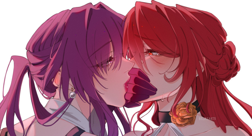 2girls, artist_name, belazarts, blush, choker, commentary, covering_another's_mouth, earrings