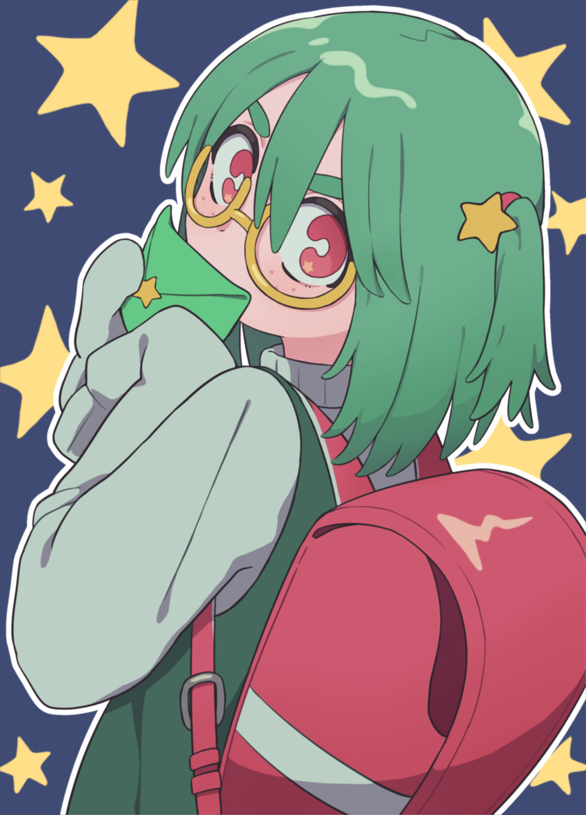 1girl, absurdres, backpack, bag, blue_background, covering_own_mouth, glasses, green_hair