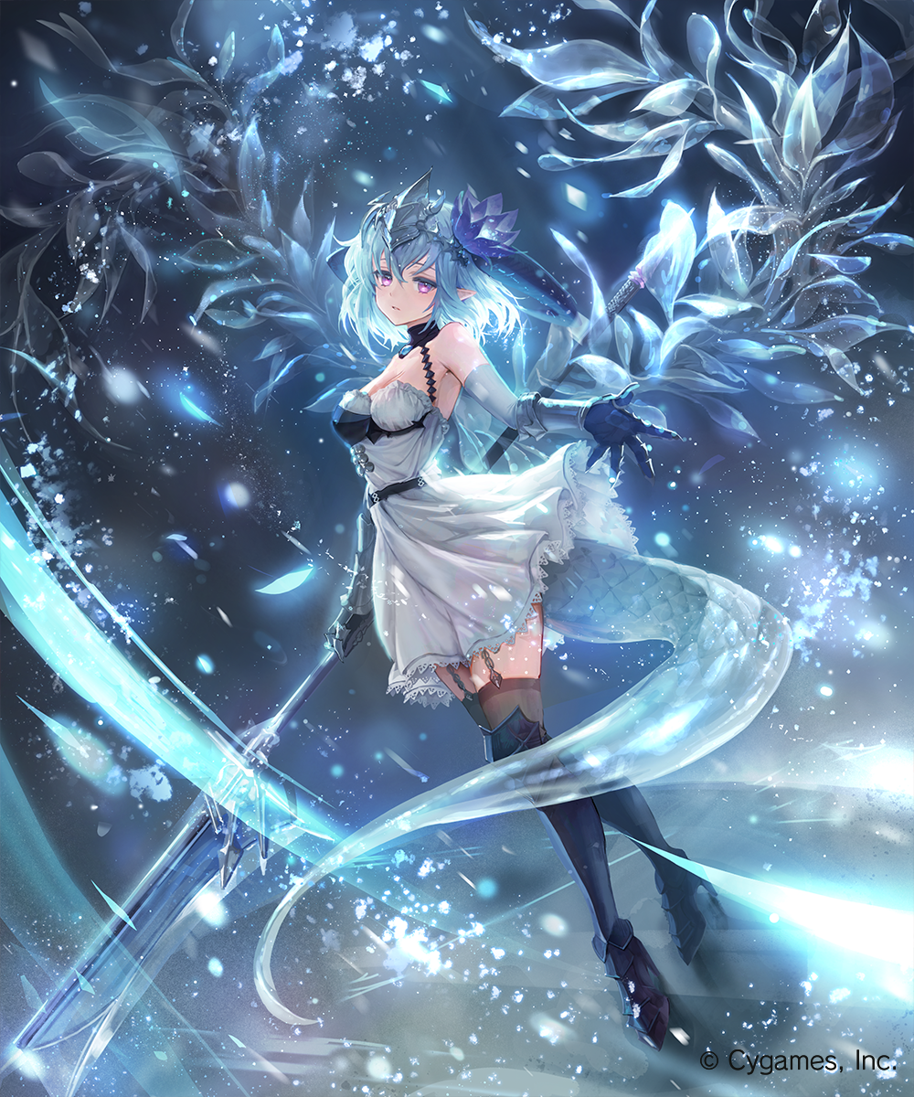 1girl, armored_boots, armpits, bare_shoulders, black_thighhighs, blue_flower, blue_hair, boots