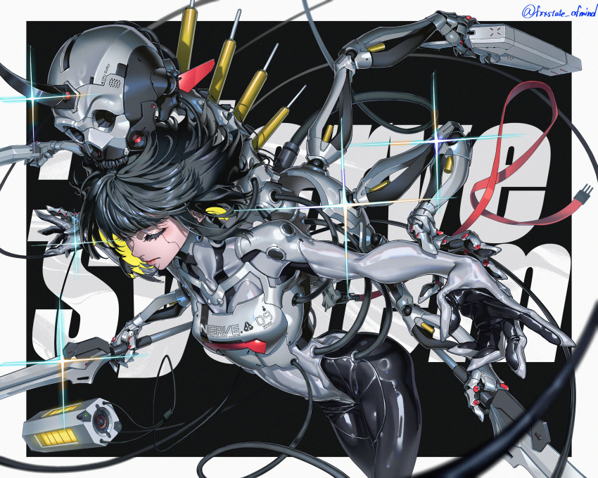 1girl, absurdres, armor, black_background, black_hair, bodysuit, closed_eyes, exoskeleton