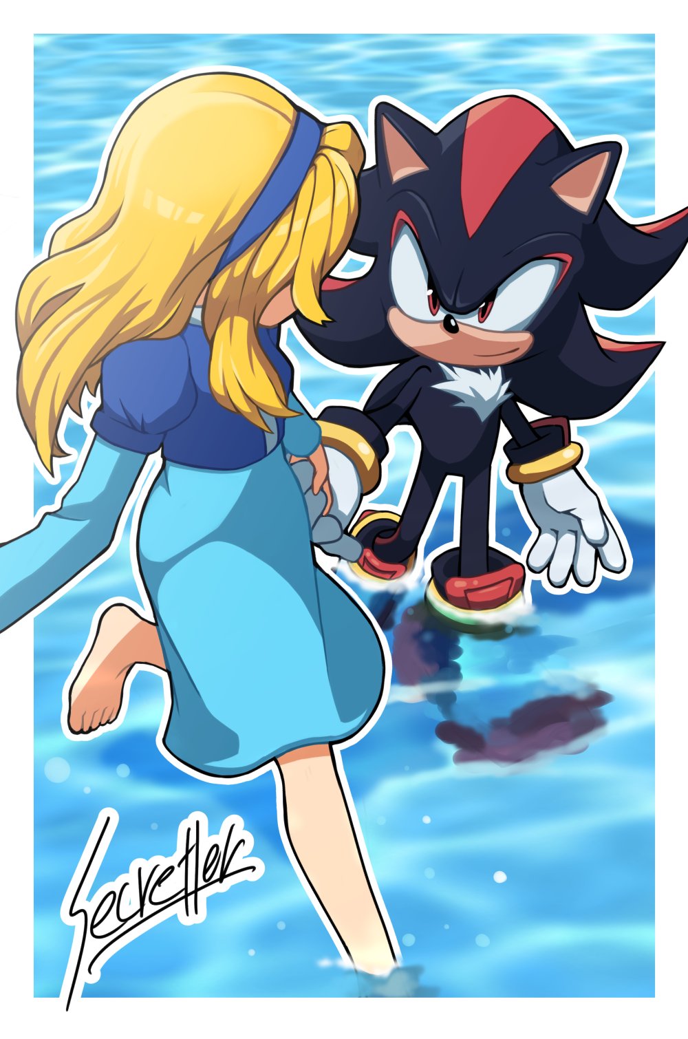 1boy, 1girl, barefoot, black_fur, blonde_hair, blue_dress, blue_hairband, border
