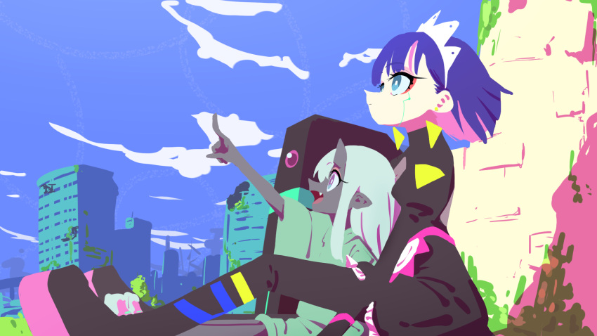 2girls, android, apron, aqua_eyes, blue_hair, blue_sky, clouds, cloudy_sky