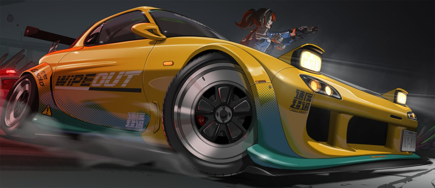 1girl, aiming, black_gloves, blue_jacket, breasts, car, chinese_text, colored_lights