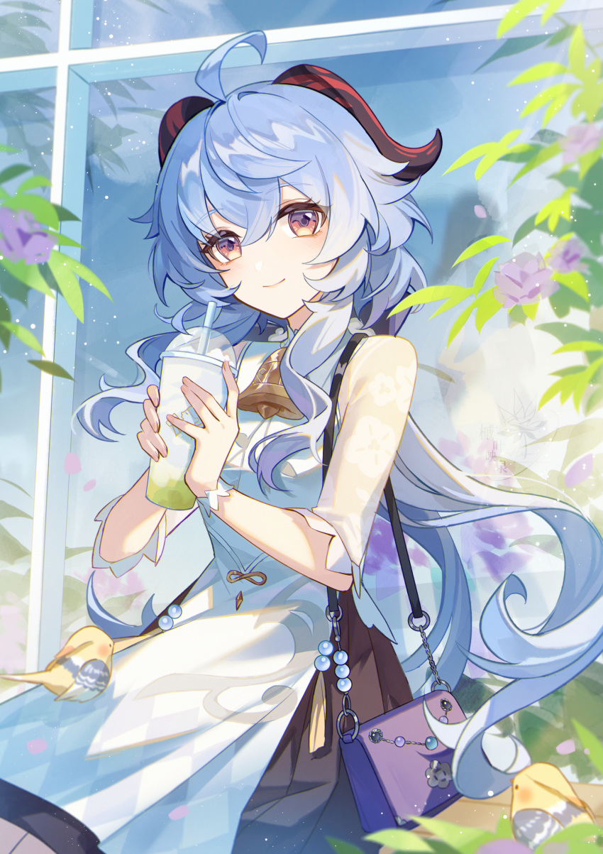 1girl, \||/, ahoge, autumnlll, bag, bell, bird_on_leg, black_skirt