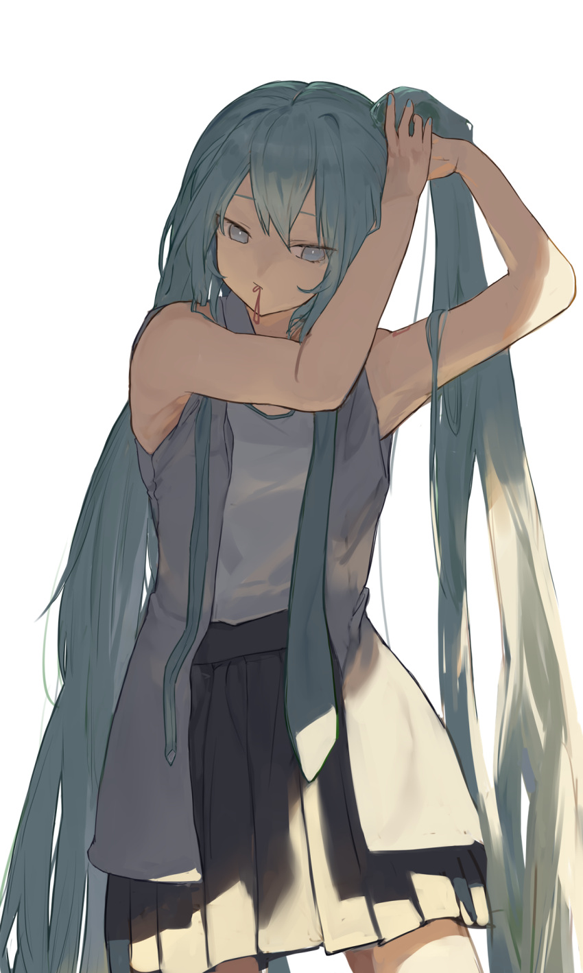 1girl, adjusting_hair, aqua_hair, aqua_necktie, bare_shoulders, black_skirt, commentary, grey_shirt