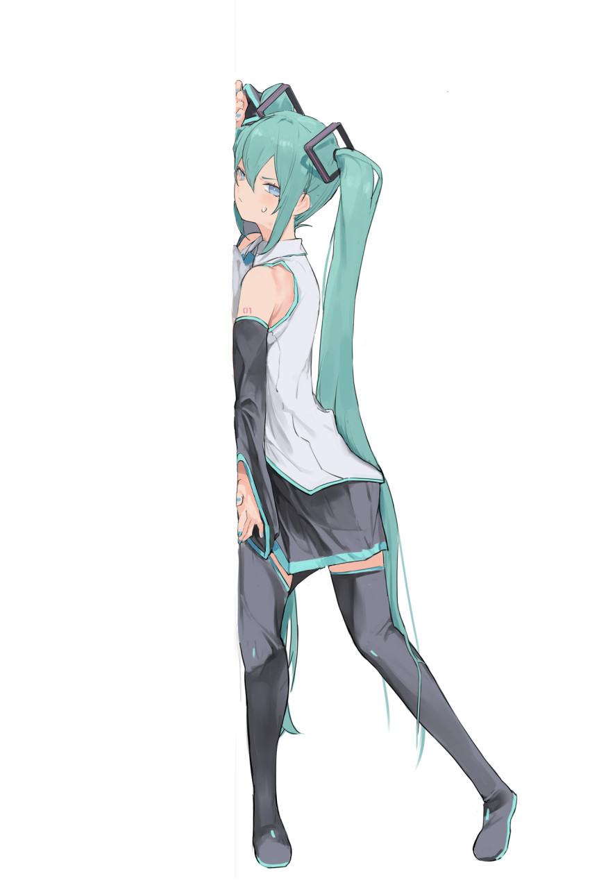1girl, aqua_eyes, aqua_hair, aqua_nails, bare_shoulders, black_footwear, black_skirt, boots