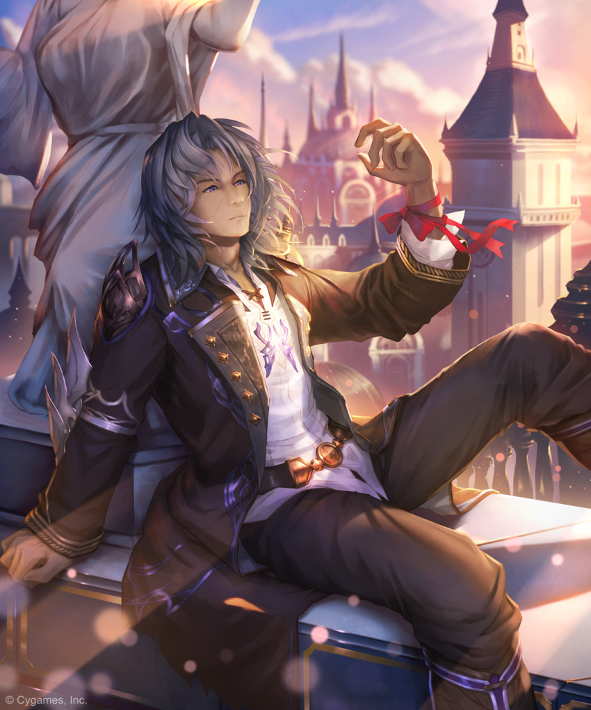 1boy, arm_support, belt, black_coat, black_pants, building, clock, clock_tower