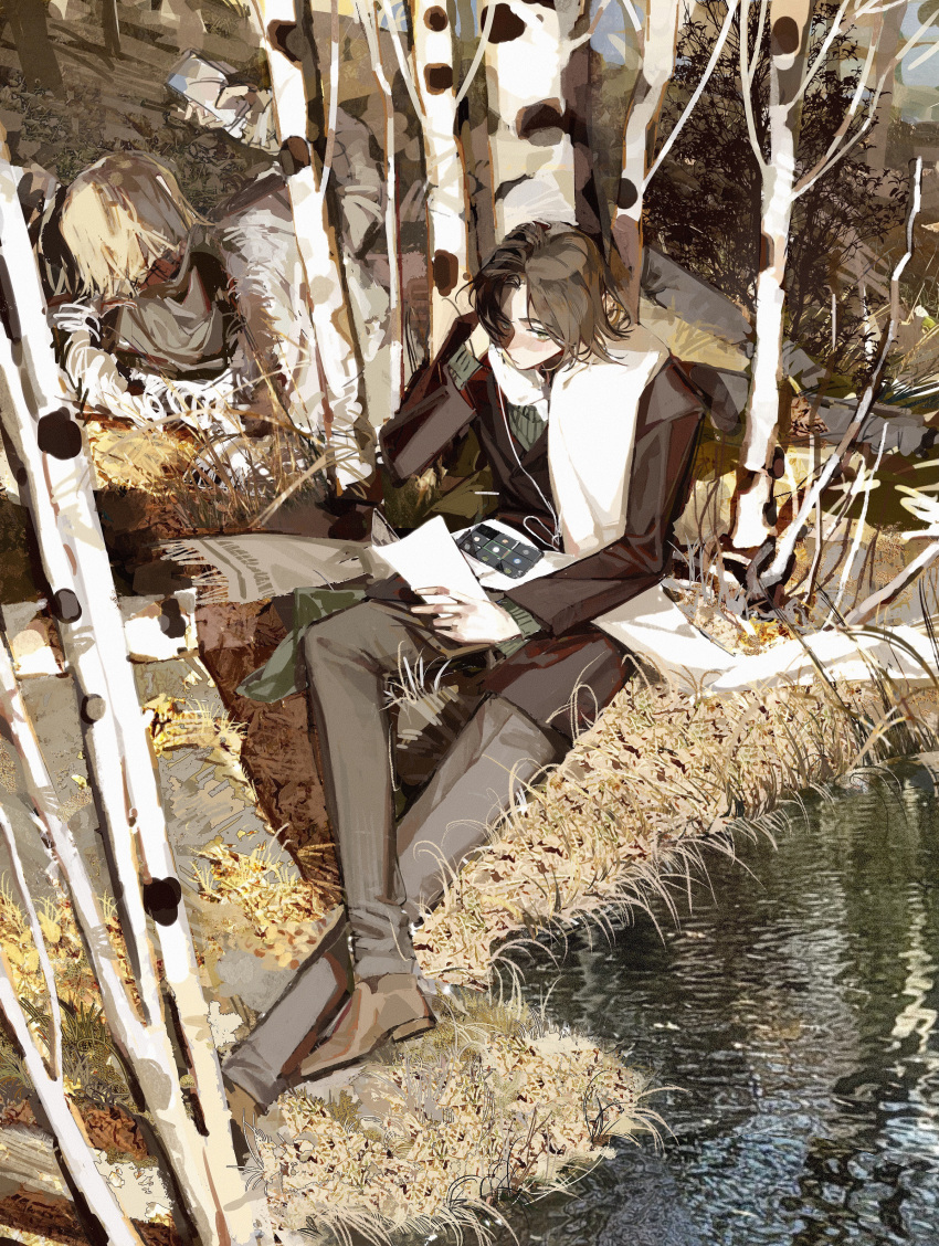 2boys, absurdres, against_tree, axis_powers_hetalia, blonde_hair, brown_hair, coat, highres